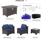 Kullavik 8 Pieces Outdoor Patio Furniture Set with 43" 55000BTU Gas Propane Fire Pit Table PE Wicker Rattan Sectional Sofa Patio Conversation Sets,Navy Blue