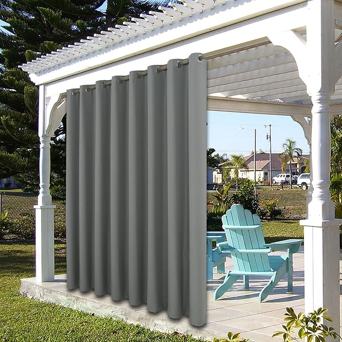 BONZER Wide Waterproof Outdoor Curtains for Patio Heavy Privacy Light Filtering Grommet Outside Curtains for Porch, Pergola, Gazebo, 1 Panel, 110W x 120L inch, Grey