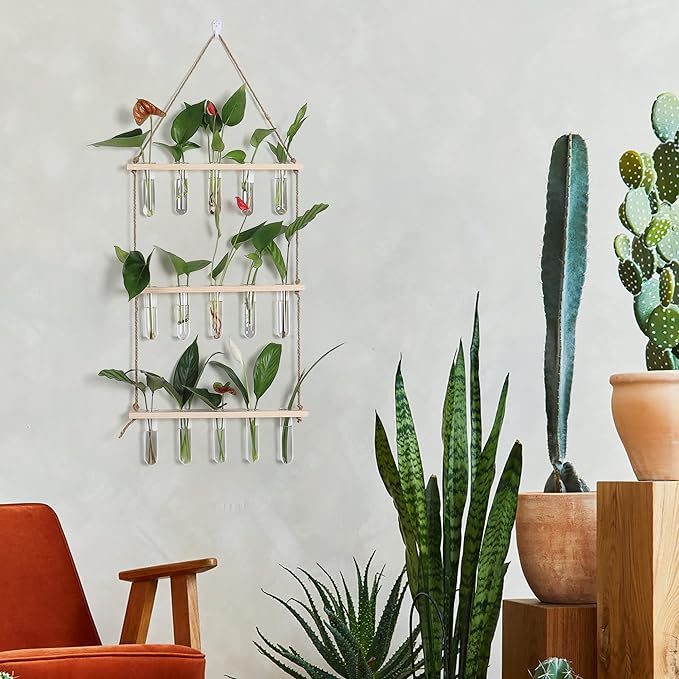 Terrarium Propagation Station with 16 Glass Test Tubes, Beige Wood Stand