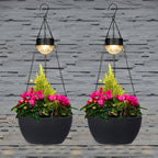 BAYN 2 Packs Solar Hanging Basket Planters for Plants Outdoor, Self Watering Black Flower Plants Pots with Solar Light Drainer for Balcony Patio Garden Outdoor Decoration