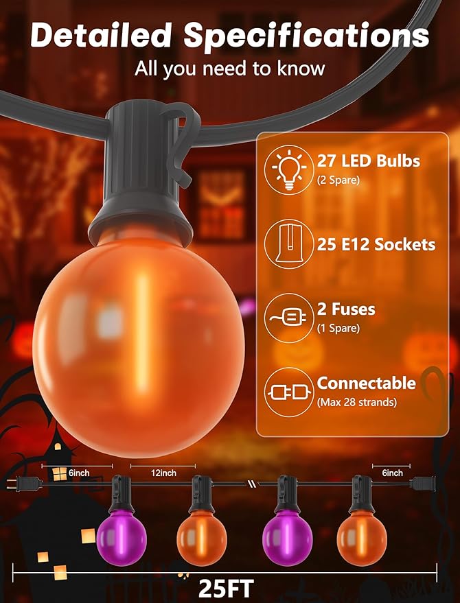 Indoor String Lights, 25 ft Halloween G40 LED Globe Lights, Orange and Purple