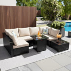 8 Pcs Patio Furniture Set with Fire Pit Table Wicker Outdoor Sectional Sofa, Conversation Set Perfect for Backyard, Garden, Deck (Deep Brown/Beige)