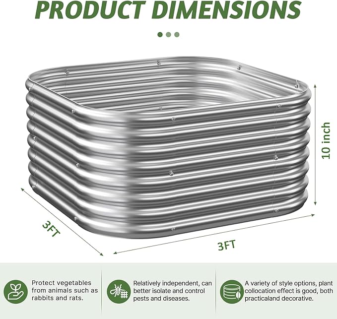 4 Pack 3x3FT Corrugated Galvanized Steel Raised Garden Bed Outdoor, Metal Above Ground Garden Bed for Vegetables and Flowers, Raised Beds for Gardening-3x3FTx10Inch