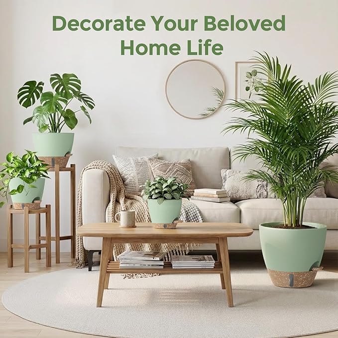 Plant Pots, 12" 10" 6" 8" Inch Self Watering Pots with Water Level Indicator, Set of 5 Flower Pots Indoor with Drainage Holes, Modern Planters for Indoor Outdoor Plants, Room & Office Décor