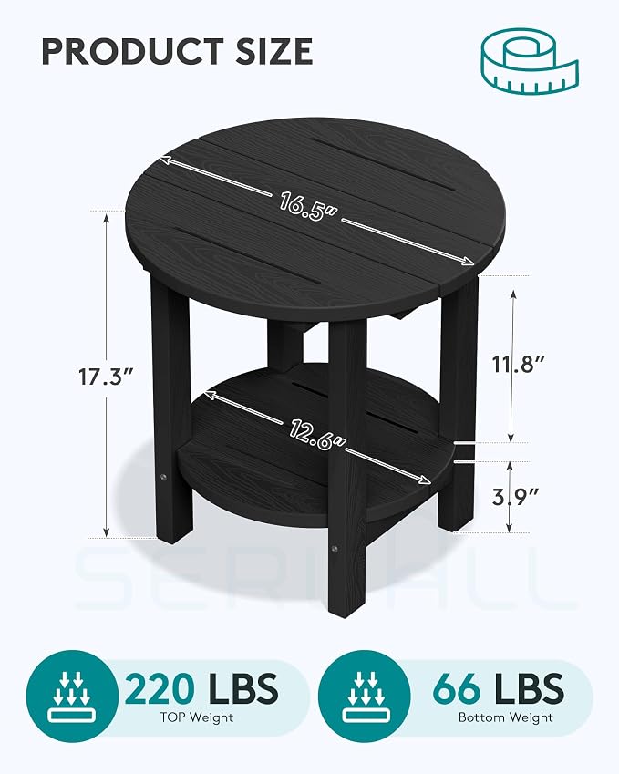 Patio Side Table, Round 2-Tier Black HDPE, 16.5 Inch