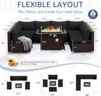NICESOUL Modern Large Patio Furniture Set with Firepit Propane/Natural Gas, 29.3'' High Back Comfy Outdoor Sectional Couch Sofa Sets, 9 Piece Extra Wide Modular Sitting, Brown Rattan and Black Cushion