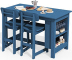SERWALL 3-Piece Outdoor Counter Height Bar Set, HDPE Patio Bar Table with Wine Rack & Storage Shelf, 2 All-Weather Bar Stools, Patio Bar Dining Furniture Set for 3, Blue