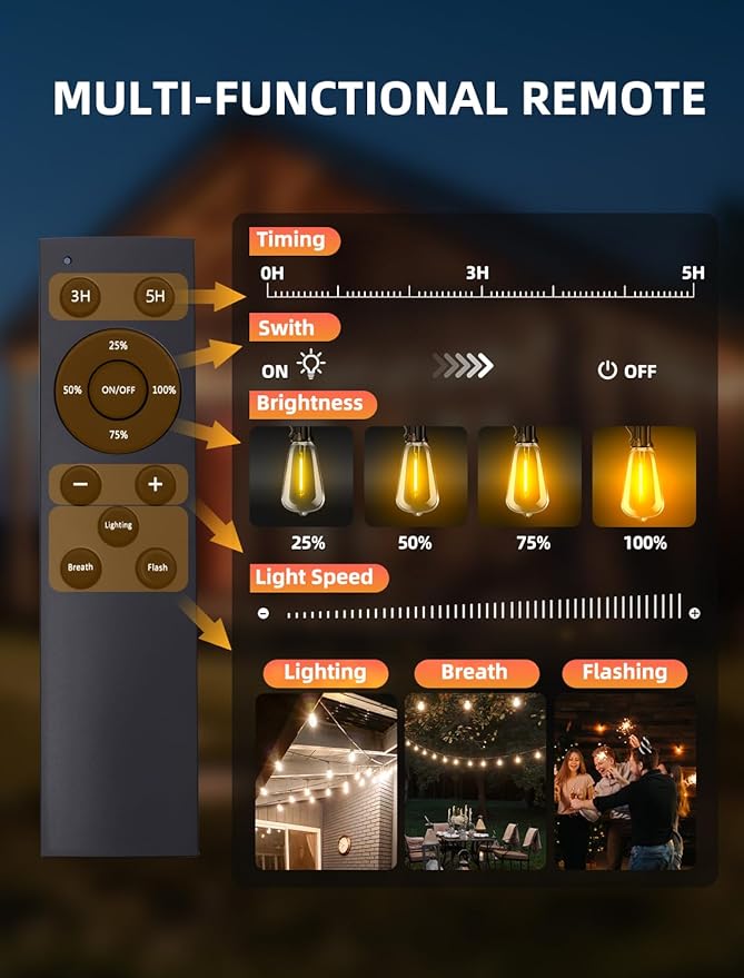 Outdoor Patio String Lights: 100Ft 30M Outside Waterproof Light - Remote Dimmable ST38 Shatterproof Bulb Connectable Hanging Outdoor Electric Lighting - Backyard Yard Gazebo Porch Party