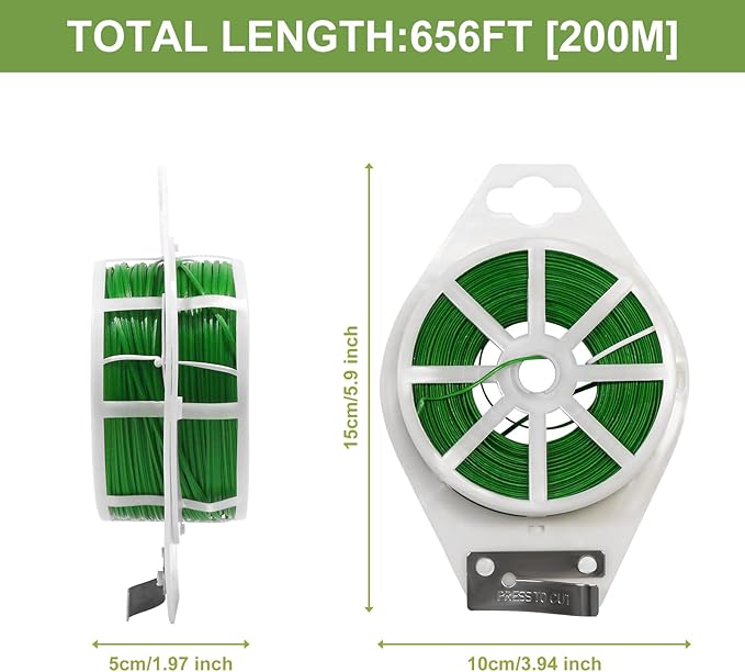 Plant Support Ties, Green Coated Wire, 1312 Ft Roll with Built-in Cutter
