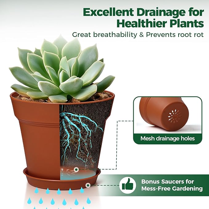 T4U 4 Inch Plant Pots 18-Pack, Small Flower Pots with Saucer and Drainage Hole, Durable Plastic Pots, Nursery Small Flower Pot Bulk for Plants, Succulent, Violet, Decorative (18 Pack 4" Pot)