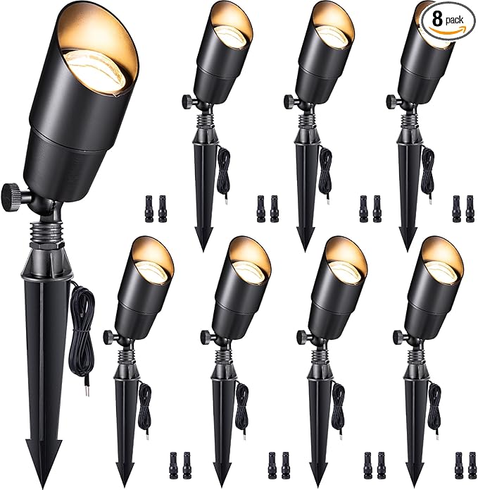 Gardenreet Spot Light Brass - Outdoor Landscape Spotlights 12V, LED Low Voltage Landscaping Uplights, All Weather Hard-Wired Black for Backyard Lawn with No Bulbs (8 Pack)