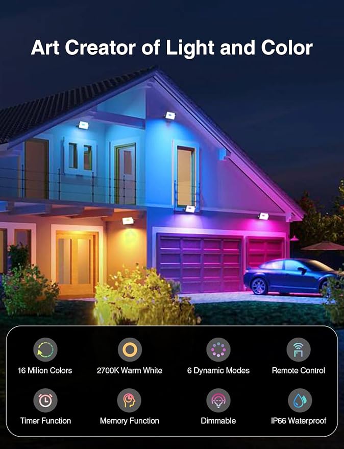 Flood Security Lights, 100W Color-Changing Outdoor with Remote
