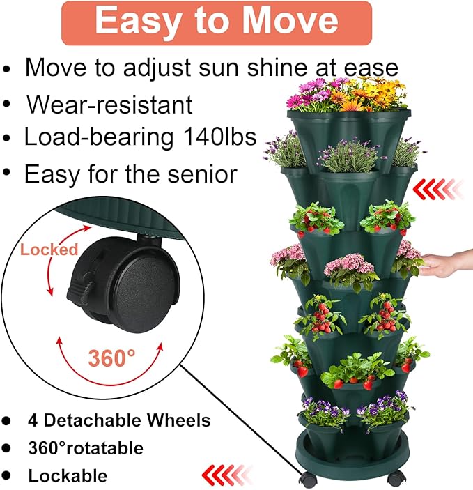 GameXcel Vertical Planter, 7 Tier Stackable Strawberry Planter with Garden Tool Set, Movable Indoor/Outdoor Garden Herb Pot for Growing Vegetables and Succulents, Green