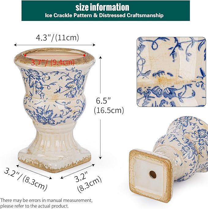 Sungmor Small Ceramic Urn Planter - Blue and White Floral Pedestal Flower Pot, Decorative Vintage Chinoiserie Style Planters, Tuscan Accent Vase Indoor Outdoor Plant Holder with Drainage