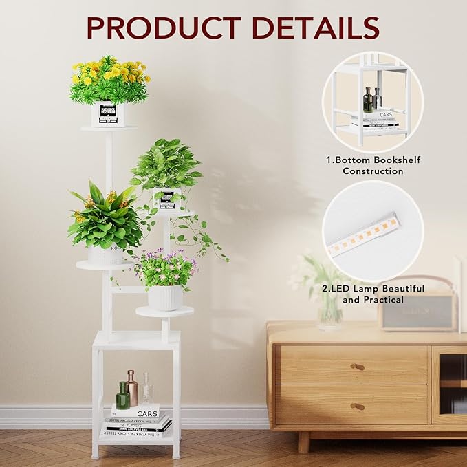 Plant Stand Indoor with Grow Light, 5-Tiered Tall Plant Stand Indoor, Metal Plant Shelf with Adjustable Light, Ideal for Living Room, Garden, Round Patio white