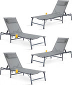 4 Pack Foldable Chaise Lounge Chair with Cup Holder, Assemble-Free Outdoor Lounge Chair with Detachable Pillow and 6 Adjustable Backrest, Patio Lounge Chair for Outside Poolside Beach Pool, Grey