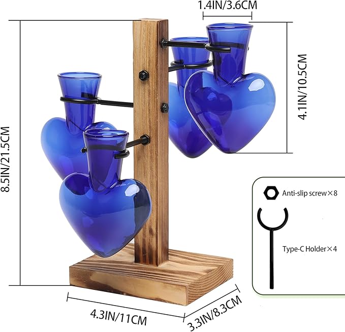 Terrarium Propagation Station, Heart Glass Vase with Wood Stand, Deep Blue