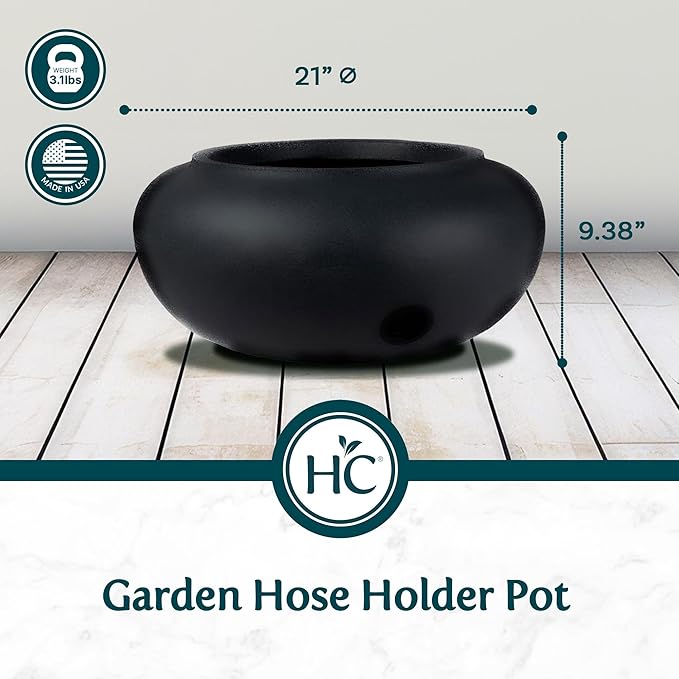 The HC Companies 21 Inch Garden Hose Pot - Durable Lightweight Plastic Decorative Hose Pot for Yard, 100-Foot Capacity Hose Storage, Black