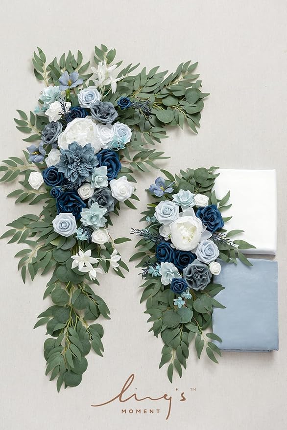 Artificial Flowers Wedding Arch Kit with Dusty Blue Drape, 4 Piece Set