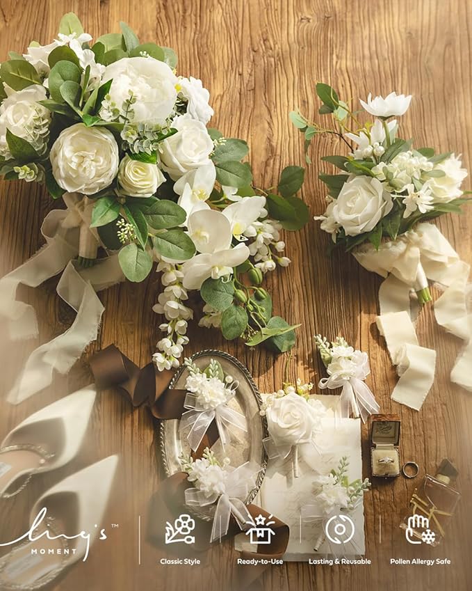 Artificial Flowers Cascading Bridal Bouquet, Faux Silk Peony & Rose