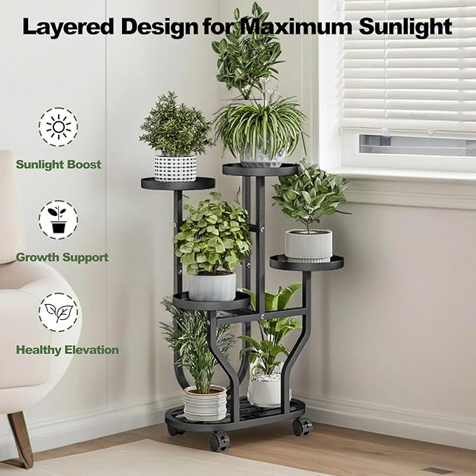 Plant Stand 5 Tier Indoor Outdoor Metal Flower Shelf with Wheels Multi Plants Holder Display Rack for Garden Patio Balcony Living Room Black (Black, 5 Tier)
