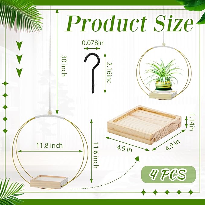 Geelin 4 Pack Plant Hanger with Wood Base Hanging Window Planter Boho Macrame Hanging Potted Plant Holders for Indoor Outdoor Window Wall Ceiling Home Decoration, Pot & Sapling Not Included(Gold)