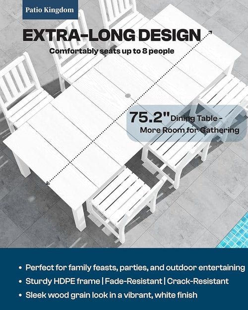 5-Piece White Outdoor Dining Set with White 11FT Large Patio Umbrella, 75.2'' HDPE Table & Chairs for 8, Weather-Resistant Furniture with Umbrella Hole for Patio, Lawn, Poolside