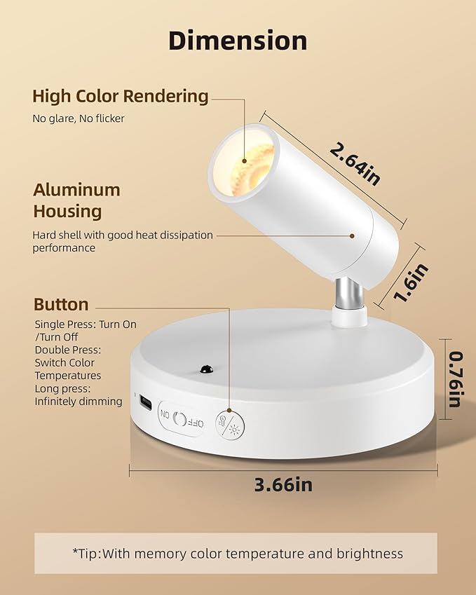 Rechargeable Indoor Spotlight, 5500mAh, Dimmable with 3000K-6500K Color Temps