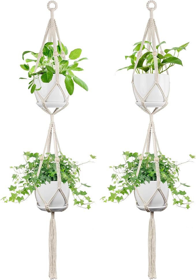 Macrame Plant Hanger - Fits 4 to 8 inches Pots for Indoor Outdoor, 49 Inch, Set of 2, Ivory (POTS NOT Included)