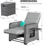 Restland Outdoor Recliner with Independent Adjustable Back & Footrest Wicker Patio Reclining Chair with Flip Table Comfortable Lounge Chair & Thick Cushion for Deck, Porch (3 Piece, Grey)