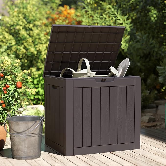 Sweetcrispy Deck Box with 31 Gallon Capacity, Weatherproof Resin Lockable Outdoor Storage for Secure Package Deliveries and Indoor Storage in Garden or Patio, Backyard