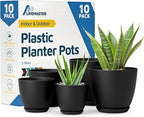 Lifemaster Plant Pots with Multi Drainage Holes - 10 Pieces Versatile, Sturdy Plastic, Stackable Design Home Decor Flower Pots for Indoor and Outdoor Gardening - Black