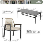 9 Pieces Patio Dining Set, 8 x Woven Rattan Chairs with Waterproof Cushion, 83" Rectangular Metal Dining Table with Umbrella Hole, Outdoor Table and Chairs Set for Backyard Lawn and Deck, Beige