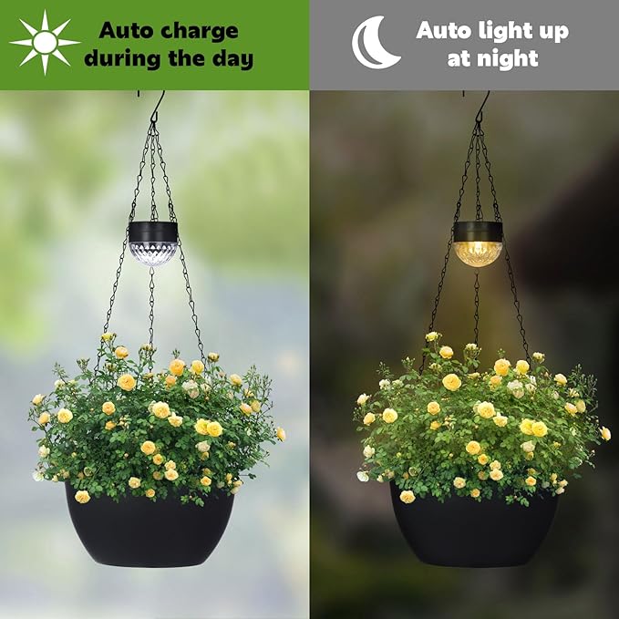 BAYN 2 Packs Solar Hanging Basket Planters for Plants Outdoor, Self Watering Black Flower Plants Pots with Solar Light Drainer for Balcony Patio Garden Outdoor Decoration