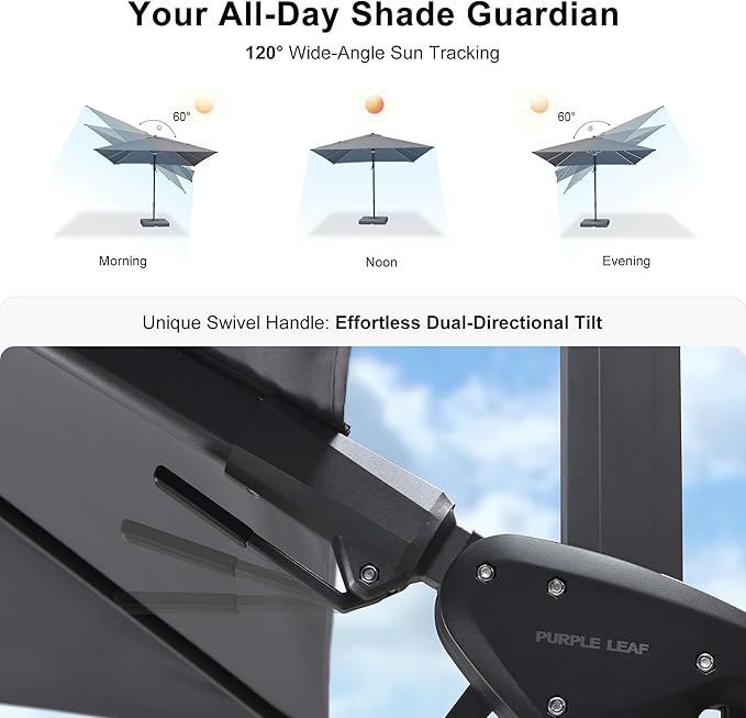 PURPLE LEAF 10 Feet Patio Umbrella Outdoor Cantilever Solar Powered LED Swivel Square Umbrella Aluminum Offset Umbrella with 360-degree Rotation for Garden Deck Pool Patio Light Grey