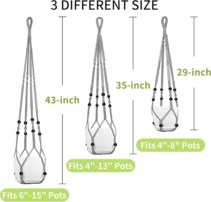 Macrame Plant Hanger - Fits 4 to 15 inches Pots for Indoor Outdoor, 43"/35"/29" Different Sizes Set, Gray (POTS NOT Included)