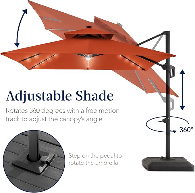 Best Choice Products 9x12ft LED Cantilever Patio Umbrella w/Base Included & 360° Rotation, Large Solar Offset Hanging Outdoor Sun Shade for Deck, Backyard Table w/Stand & Lights – Rust