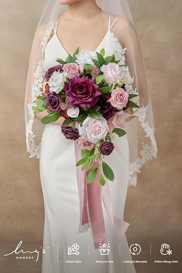 Artificial Flowers Bridal Bouquet, Marsala and Blush Silk Roses, 13 in Wide