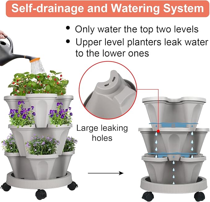 GameXcel Vertical Planter 3 Tier Stackable Planters Garden Planters Strawberry Herb Flower and Vegetable Planter Indoor Outdoor Gardening Pots with Removable Wheels and Tools 2-Pack