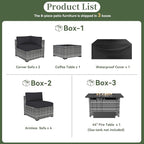 Aoxun 8 Piece Patio Furniture Set with 44” Fire Pit Table Wicker Rattan Outdoor Sectional Sofa Set with Coffee Table and Thickened Cushions, Black (Waterproof Cover Included)