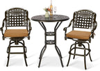 VIVIJASON 3-Piece Outdoor Swivel Bar Stools Set, All Weather Cast Aluminum Patio Bar Height Bistro Set with 2 Cushioned Bar Chairs & 31" High Bar Table w/Umbrella Hole for Backyard, Lawn, Garden