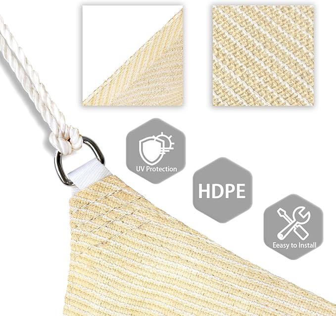 Patio Paradise 15' x 15' x 14'10" Sun Shade Sail Triangle Canopy, Permeable Shade Cloth Fabric Sunlight Block Patio Cover HDPE Deck Awning for Outdoor Backyard Pergolas Roof Shading, Beige