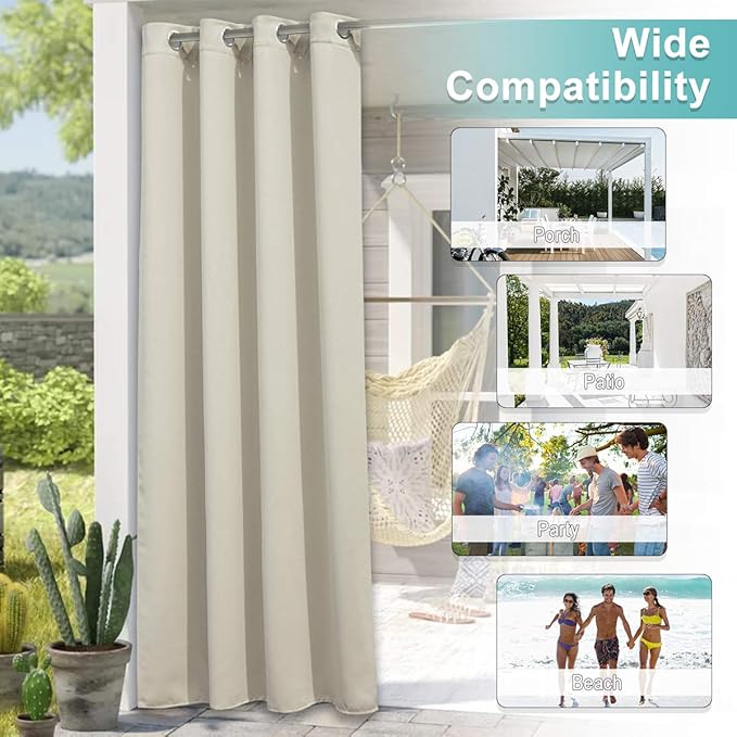 NICETOWN Outdoor Curtain for Patio Waterproof, Thermal Insulated Rustproof Grommet Blackout Cabana Curtain & Drape Privacy Safe for Wedding/Terrace Outdoor Living Divider, Beige, 1 PC, W100 x L95
