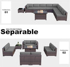 Kullavik 10 Pieces Outdoor Patio Furniture Set with 43" 55000BTU Gas Propane Fire Pit Table PE Wicker Rattan Sectional Sofa Patio Conversation Sets,Grey