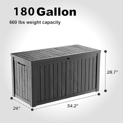 180 Gallon Outdoor Storage Box, Large Resin Deck Box for Patio Furniture Cushion Garden Tools, Waterproof and Lockable Design(Black)