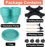 GameXcel Vertical Planter 7 Tier Stackable Planters Garden Planters Strawberry Herb Flower and Vegetable Planter Indoor Outdoor Gardening Pots with Removable Wheels and Tools-Teal 2 Pack