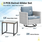 Belord Outdoor Bistro Set 3 Piece Wicker Swivel Rocker Patio Chairs, Oversize Outdoor Rattan Seating Set, Patio Swivel Glider Chairs Wicker Furniture with Metal Side Table for Porch Backyard