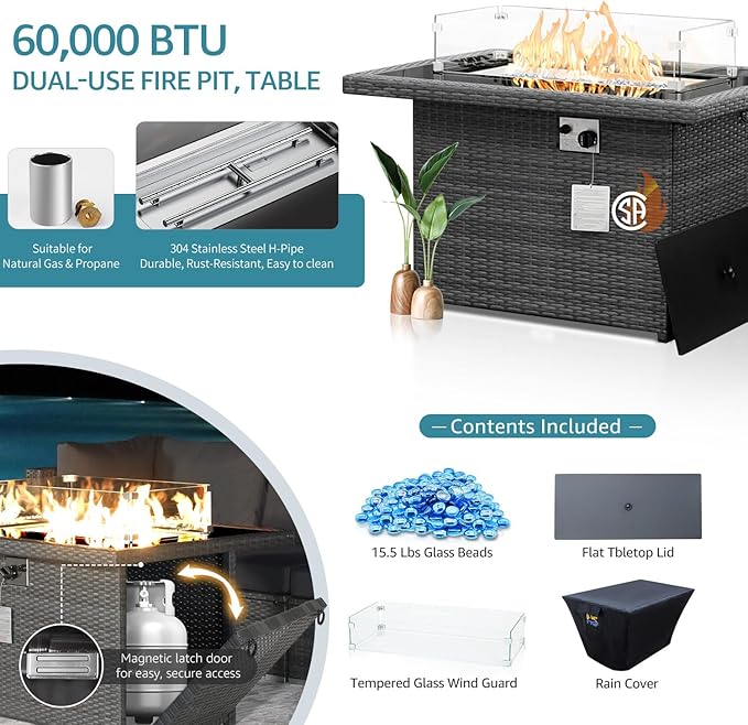 NICESOUL 13 Piece Outdoor Furniture with Fire Pit, Large Patio Couch Set with Fire Pit Table & Chaise Lounge, Modular Sectional Patio Sofa 500 lbs Heavyduty 10-Seat Group, Gray & Turquoise