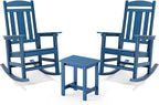 LUE BONA Outdoor Rocking Chairs Set, 3-Piece, HDPS Poly Porch Rockers with Table, Plastic Weather Resistant Rocking Chair Set for Outdoor Indoor, Garden, Backyard, 350lb, Navy Blue Chairs+Table