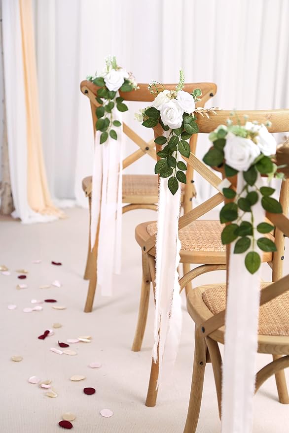 Artificial Rose Chair Flowers, White, Set of 10 for Wedding Aisle Decor